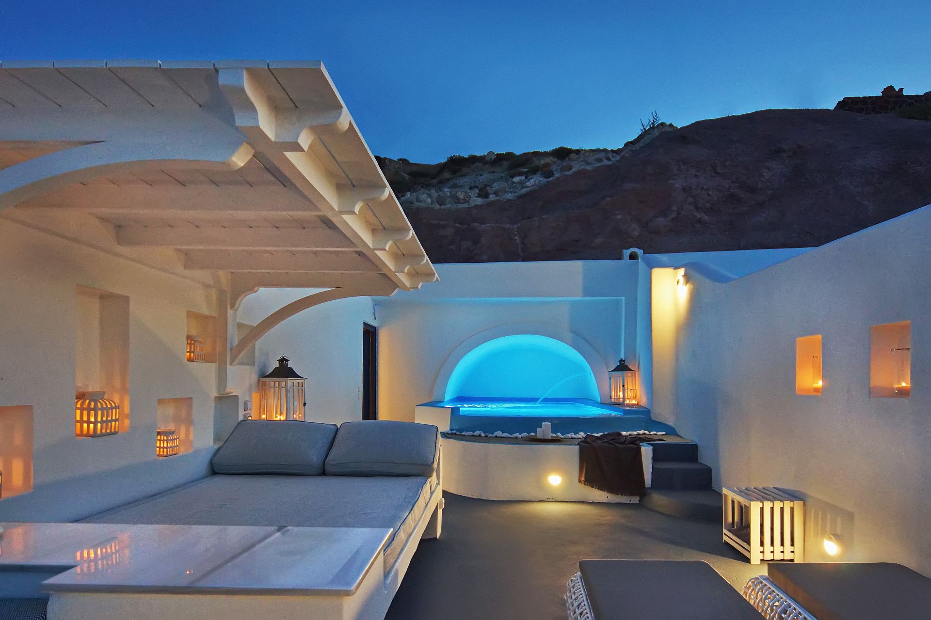 Cave Pool Suite with private cave pool indoor couples Jacuzzi and private panoramic terrace with sea/volcano/caldera views